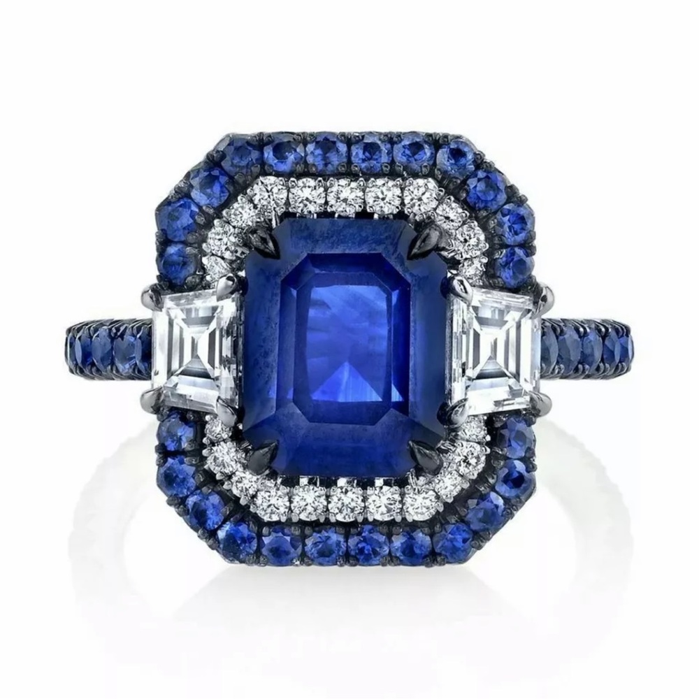 925 Silver Women Rings Gorgeous Blue Sapphire Women Anniversary Jewelry - Picture 1 of 4